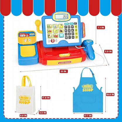 Cash Register Toy for Kids with Real Calculator, Cashier Register with Scanner/Weighter/Credit Card/ Play Money/ Food/Microphone, Pretend Play Store with Apron and Shopping Bag for Kids 3 4 5 6 7