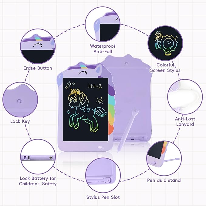 Unicorn Toys LCD Writing Tablet for Girls Kids,Colorful Toddler Drawing Tablet for Educational Baby Girl, Doodle Board Pad Toy for 3 4 5 6-12 Years Old Kid Birthday Party School, 8.5 Inch Purple