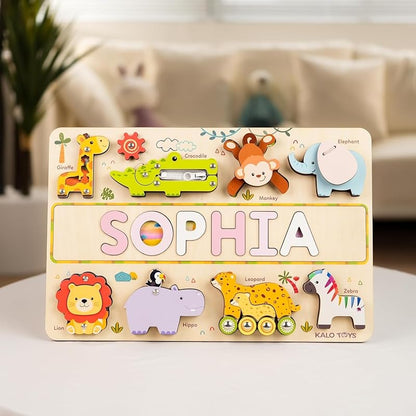Personalized Wooden Name Puzzle for Toddlers 1-3 - Montessori Wooden Safari Sensory Toy with Jungle Animals, Custom Educational Learning Toys, Perfect Birthday Gift for Boys & Girls
