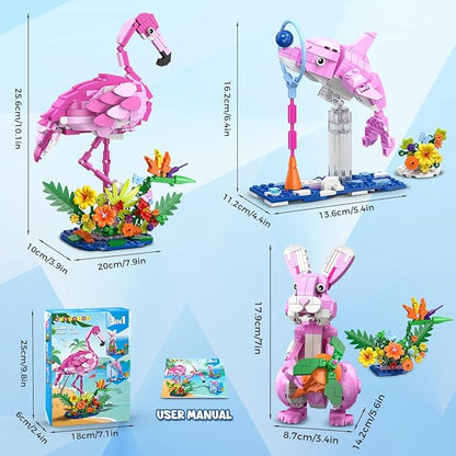 HOGOKIDS 3 in 1 Pink Flamingo Building Set with Flowers, Animal Figure with 3 Building Options - Flamingo, Bunny, or Dolphin, 558PCS Creative Easter Birthday Gift, Learning Toy for Kid Girl Boy Age 6+