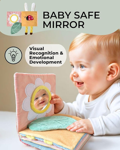 Cute Soft Baby Book with Mirror, Activities, Touch and Feel & Crinkle Pages - Interactive Sensory Cloth Toy for Babies 0-6, 6-12 & 12-18 Months - Adorable Animal Themes for Early Development