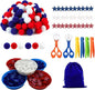 142pcs Fine Motor Skills Counting Sorting Sensory Bin Filler -100pcs Pompoms 30 Pcs Wooden Stars 5 Cups 4 Tweezers 2 Scissors 1pcs Storage Bag for Early Education Train (Blue White)