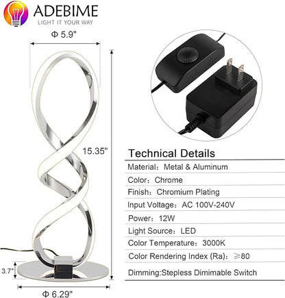 LED Spiral Bedside Table Lamp, Stepless Dimmable 12W 3000K Warm White, Modern Nightstand Desk Lamp for Bedroom, Living Room, Sliver
