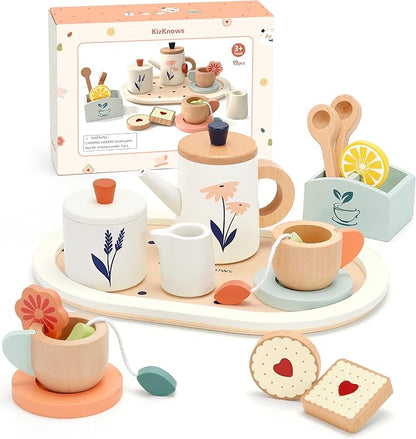Wooden Tea Set for Toddlers,Wooden Tea Party Set for Kids Pretend Play Food Toy Set Kitchen Accessories Tea Time Party with Play Food for Girls and Boys 3 Years and up