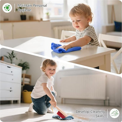 Wooden Kids Cleaning Set with Spray Mop, Montessori Cleaning Toys Real Water Sprayer and Toddler Broom Mop Set, Housework Pretend Play Toy Gift for Boys Girls Ages 3+