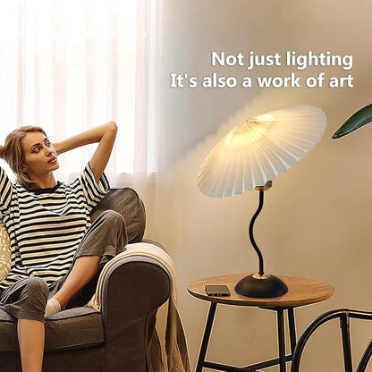 Arts Bedside Table Lamp for Bedroom, Cute Small Pleated Lamps for Nightstand, Vintage Lamp with Umbrella Shade, Decor Desk Reading Lamps for Living Room Kids Room Dorm Office with E26 LED Bulb