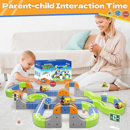 Magnetic Track Car Toys, 69PCS Flexible Race Car Track Sets for Toddlers with Electric Train, Traffic Signs, Kids Train Set Toys for 3 4 5 6 7 8 Year Old Boys Girls Birthday Party Gift-Medium