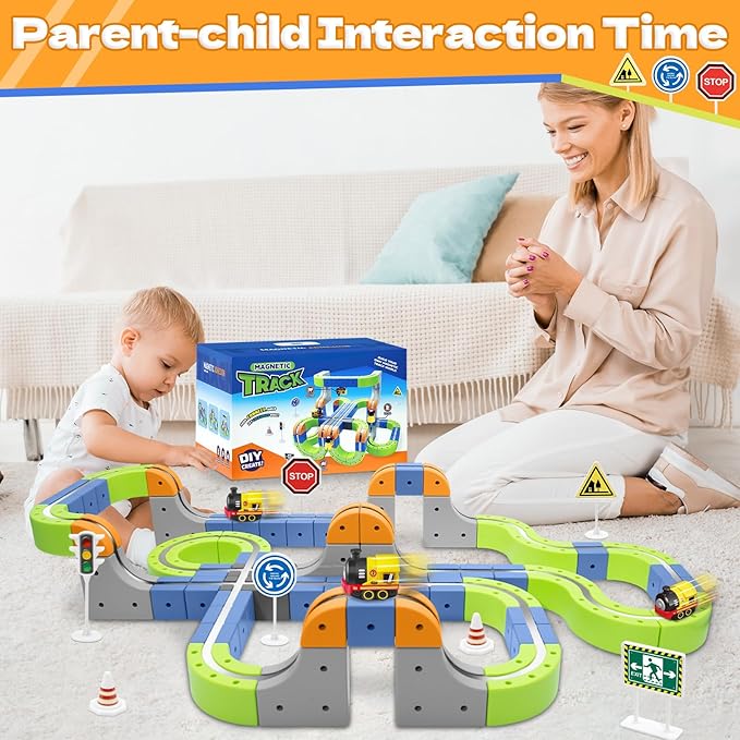 Magnetic Track Car Toys, 55PCS Flexible Race Car Track Sets for Toddlers with Electric Train, Traffic Signs, Kids Train Set Toys for 3 4 5 6 7 8 Year Old Boys Girls Birthday Party Gifts-Small