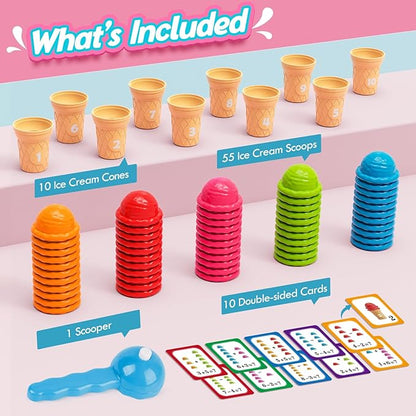 Aizweb Ice Cream Counting and Color Sorting Stacking Toys for Toddlers, Montessori Preschool Kindergarten Learning Activities,Number Math Manipulatives Math Games Educational Fine Motor Skills Toys