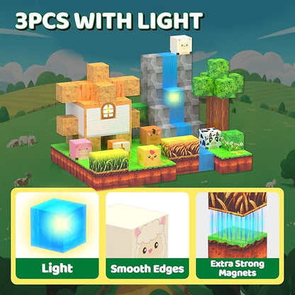 Magnetic Blocks - 138 PCS Building Blocks Set with 3 Light-Up Blocks, STEM Construction Cubes Toys for Kids 4-8, Toddler Sensory Stacking Toys, Christmas Birthday Gift for Boys and Girls Ages 3+