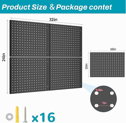 Peg Board,4 Pack Metal Pegboard Panels,Black Pegboard Wall Organizer,16"x12" Heavy Duty Peg Boards for Walls,Tools,Garage,Office,Kitchen