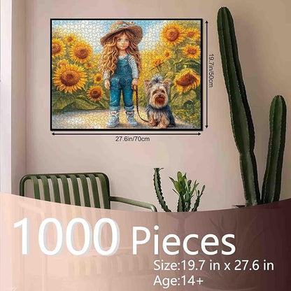 Tucocoo Whimsical Girl 1000 Piece Puzzle for Adults, Colorful Floral Dog Art Puzzle, Yorkshire Terrier in Sunflower Field Jigsaw, Challenging and Relaxing Gift for Puzzle Lovers, Home Decor 27x20Inch