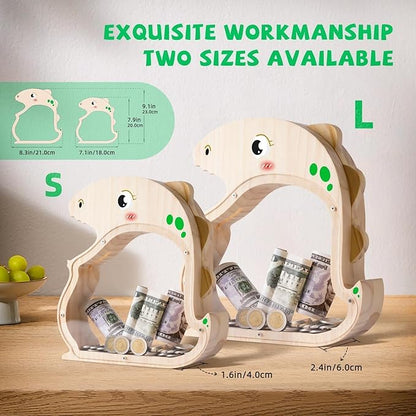 Wooden Dinosaur Piggy Bank for Boys, Girls, Unbreakable Dino Piggy Bank for Kids with Letter Stickers, Cute Saving Coin Jar, Wooden Cashbox Money Bank, Piggy Money Jar Personalized Birthday Gift