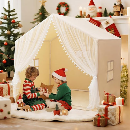 Large Kids Play Tent, 55.1in Length, Fits 3-4 Children,Indoor Playhouse for Kids, with Padded Mat and Lights, Bed Tent for Toddler, Birthday for Boys Girls