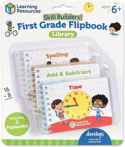 Learning Resources Skill Builders! First Grade Flipbook Library - 3 Pieces, Ages 6+ First Grade Learning Activities, Math and Spelling Activities for Kids, First Grade Must Haves