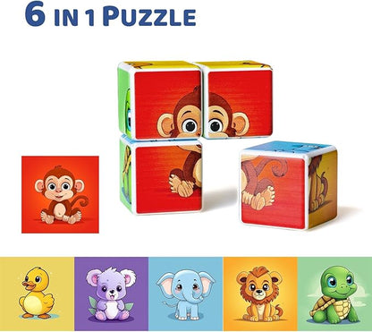 3D Magnetic Cubic Jigsaw Puzzle Toys for Toddlers, Large Building Blocks Cubes 1.65 Inches, Integrated with Magnets, 6 Patterns in Animal Theme