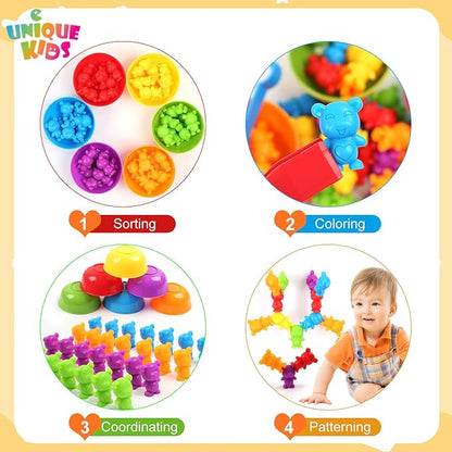 UNIQUE KIDS Counting Matching Game with Sorting Cups, Color Classification and Sensory Training Educational Learning Toys Set Gift for Toddlers Preschool Ages 3 Years and up (New Stacking Bear)
