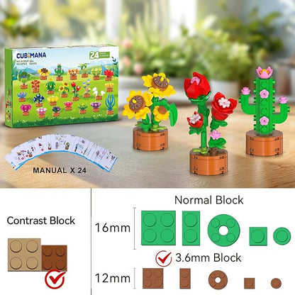 24 Pack Flowers Succulents Party Favors for Kids Building Set - 1012 PCS Botanical Bonsai 3.6MM Mini Building Blocks Toy for Classroom Prizes Easter Basket Stuffers Birthday Gift for Girl Boy Ages 6+