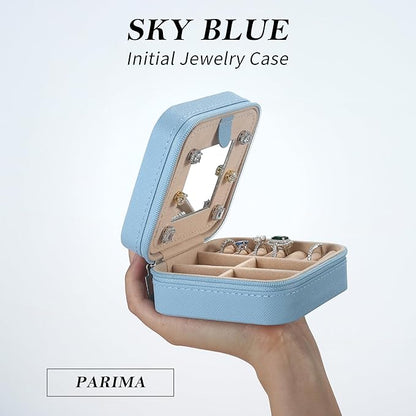 Parima Travel Jewelry Case - Small Organizer Box for Women, Mini Jewelry Box - Letter T, Sky Blue
