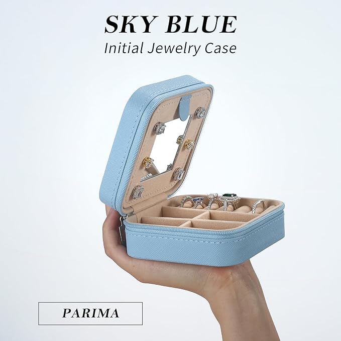 Parima Women's Initial Travel Case | Mini Jewelry Case - L, J | Sky Blue