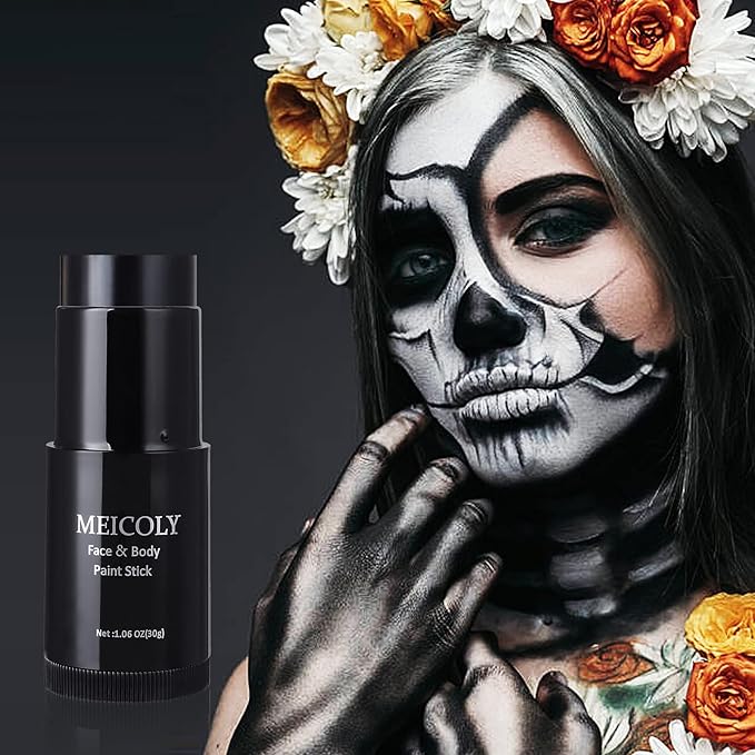 MEICOLY Black White Face Body Paint Stick Kit,1.06Oz Clown White Makeup Kit,2pcs Halloween Face Paint Grease Cream Mime Sticks,Joker Zombie Vampire Skeleton Cosplay with 2pcs Sponges