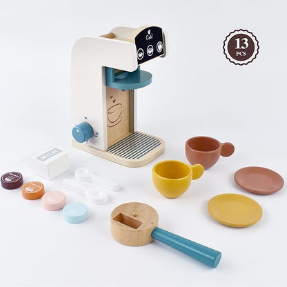 PairPear Wooden “Drop-Pod” Coffee Maker Toy， 13 Pieces Espresso Machine Playset, Barista & Cappuccino Pretend Play Kitchen Accessories Gift for Girls and Boys Age 3+
