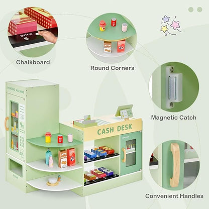 HONEY JOY Kids Grocery Store Playset, Wooden Supermarket Playset w/Cash Register & Vending Machine Toy, Blackboard, Checkout Counter Stand, Grocery Store Pretend Play for Toddler Boys Girls (Green)