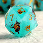 DNDND Owl Aqua Blue Translucent Resin Dice Set - 7-Piece Sharp Edge RPG Dice for D&D with Stickers, Handcrafted Premium Metal Case Gift
