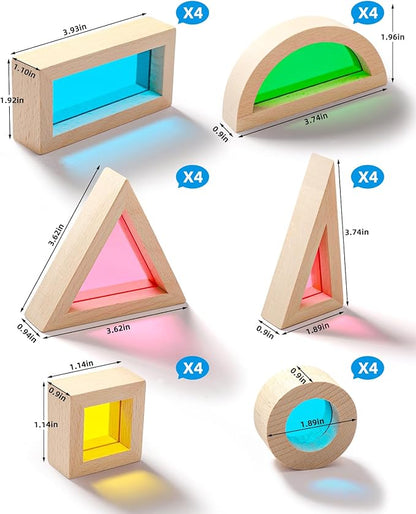 Wooden Building Blocks with Rainbow Acrylic Windows - 24pc Classic Montessori Stacking Set - Screen-Free Educational STEM Construction Toys for Toddlers Ages 18M+