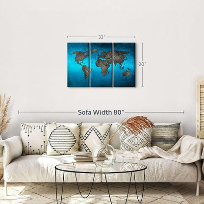 ElephantStock Ocean World Map Multi Piece Canvas - 3 Panel Wall Decor - Map of the World Art - Canvas for the Office and Home - 33" X 20"