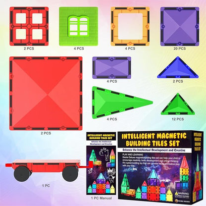 Magnetic Tiles Building Blocks Toy - STEM Educational Magnet Set for Kids, Creativity Preschool Learning Sensory Montessori Toddler Toys for Boys & Girls 3+ Years Old - 57PC