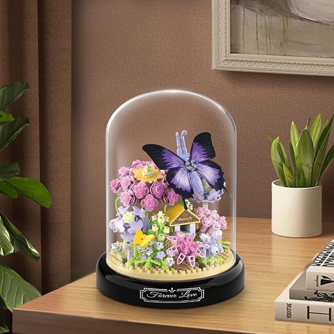 QLT QIAOLETONG Flower Bouquet Building Kit for Adults, Animals Flowers 582 PCS Botanical Collection Mini Building Blocks Set, Valentine's Day for Her Mom Women Wife Girlfriend (Butterfly)