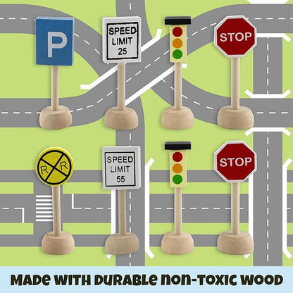 Attatoy Kids Wooden Street Signs Playset (14-Piece Set), Wood Traffic Signs Perfect for Car & Train Set