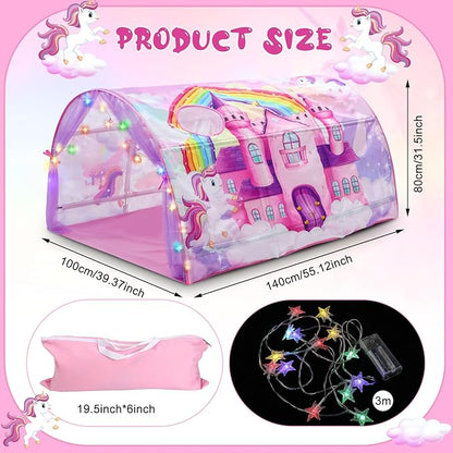 Unicorn Bed Tent for Kids Large Kids Twin Tent Toddler Play Bed with Carry Bag Foldable with String Lights for Girls Boys Bedroom Indoor Games