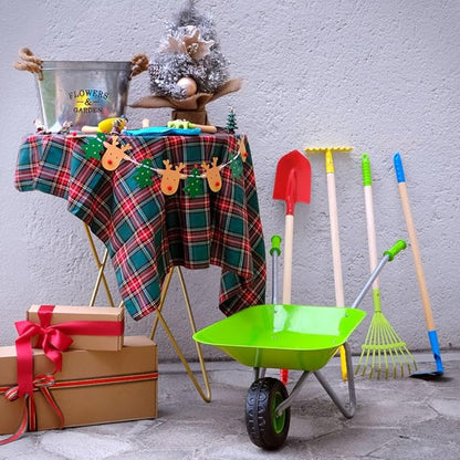 Kids Wheelbarrow Set Metal, Child Wheel Barrel Green Easy to Assemble and Kids Gardening Tools Kit, Garden Toys with Small Wheel Barrow, Outdoor Indoor Toys Gift for Children