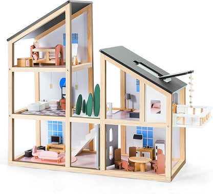 Large Wooden Doll House for Kids Ages 3+, Sturdy Modern Family Dollhouse Kit with Realistic Furniture Design, Educational Wooden Toy House for Toddlers Early Learning & Creative Play