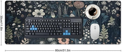 Dark Flower, Floral Plants Mouse Pad, Aesthetic Wildflowers Desk Pad, Gaming Mouse Pad, Non-Slip Rubber Base, Stitched Edges，31.5x11.8 inch Computer Mouse Mat Keyboard for Home Office