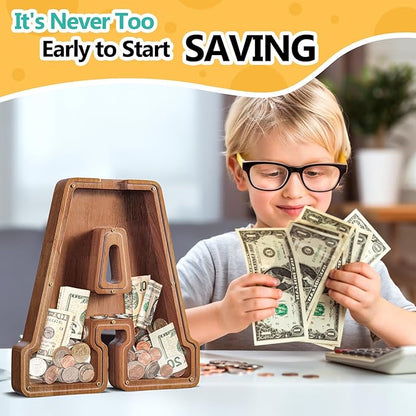 Summidate Large Wooden Piggy Bank for Kids Adults, Alphabets Letter A-Z Piggy Bank for Boys Girls, Coins Bills Change Bank Box Personalized Initial Name Kids Money Bank for Birthday Present and Decor