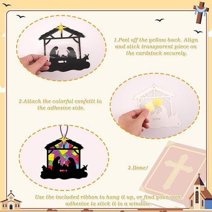 Renbuzhu 40PCS Christmas Crafts Bulk: Nativity Religious Paper Suncatchers DIY Kit for Winter Xmas Holiday Activities Decorations, Window Stained Glass Effect Art Ornaments