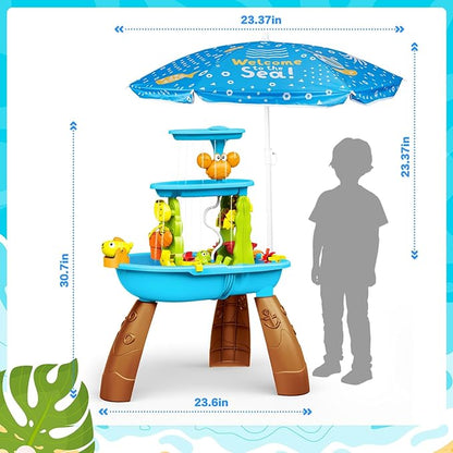 Outdoor Sand & Water Table for Kids Ages 3-8 - Sensory Play Table with Electric Water Pump, Umbrella, & Accessories for Backyard Fun
