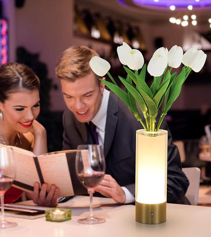 Flower Night Light,Touch Vase Lamp,Rechargeable Cordless Table Lamp,Dimming Small Mood Lighting for Dining Table/Bed Room/Bathroom/Closet,Gifts for Women/Mom, Artificial Tulips Included
