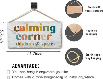 Calming Corner Hanging Wood Sign Plaque - Safe Space, Classroom Decor, School Counselor Office, Calm Down Corner Decorations, Boho Decor (Yellowish White), 12x6