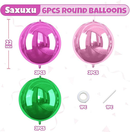 Green Pink Giant 4D Foil Balloons, 6 Pcs Large Metallic Green Pink Black Round Balloons, 22 Inch Big Round Foil Balloon for Summer Birthday Party Baby Shower Graduation Wedding Decorations