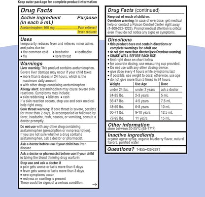 Genexa Children's Clean Acetaminophen | Pediatrician Preferred Ingredients | Pain & Fever Reducer for Kids | Dye Free, 0% Artificial Additives | Ages 2-11, Delicious Organic Blueberry Liquid, 4 fl oz