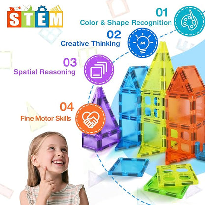 Magnetic Tiles 125PCS Magnetic Building Blocks Set 3D Magnet Tiles with 2 Cars STEM Educational Learning Construction Toys Kids Birthday Gifts for Preschool Toddler Boys Girls 3 4 5 6 7 8 9 + Year Old