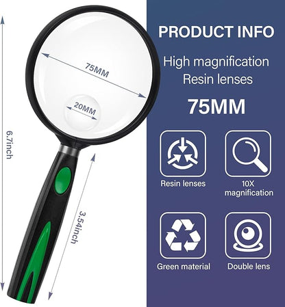 Feosky Handheld Reading Magnifier, 10X 30X Magnifier, 75mm Shatterproof Lens, Non-Slip Handle for Adults Close Work, Seniors Reading and Kids Nature Exploration, Hobby Observation(Green/Black)