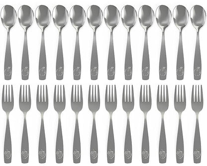 CHILLOUT LIFE Stainless Steel Kids Silverware Set 24 Pieces (2 Pack of 12) - Child and Toddler Safe Flatware - Kids Utensil Set - Metal Kids Cutlery Set (Includes 12 Small Kids Spoons & Kids 12 Forks)