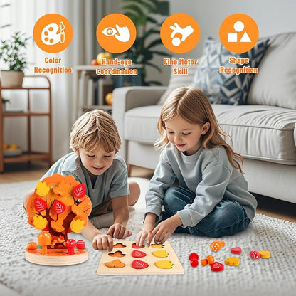 Montessori Toys for 3 4 5 6 Year Old - Wooden Sensory Toy for Toddlers - Shape Sorting Puzzle for Fine Motor Skills - Apple Picking Magnetic Tree Toy,Hand-Eye Coordination,Color Recognition