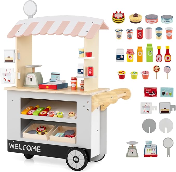 HONEY JOY Kids Food Cart, 30-Piece Toddler Pretend Play Grocery Store Playset w/Cash Register & Scale, Wooden Dessert Shop Play Market, Children Beverage Stand Cart w/Wheels, Gift for Boys Girls