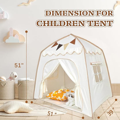 Toddler Bed Tent, Kids Play Tent with Flags, Star String, Portable Bed Canopy for Boys & Girls, Children, Indoor Outdoor Dome Playhouse, Cream, 51" x 39" x 51"